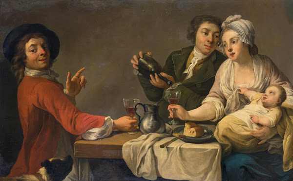 Two Young Men And A Woman Holding A Child Seated At A Table Drinking Wine 18th C