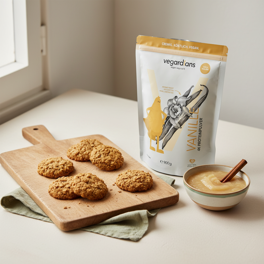 Nahaufnahme von Hafer‑Vanille‑Plätzchen auf Holzbrett neben geöffneter Vegardians Vanille‑Protein‑Dose und Schale Apfelmus — Wie gesund sind Plätzchen?