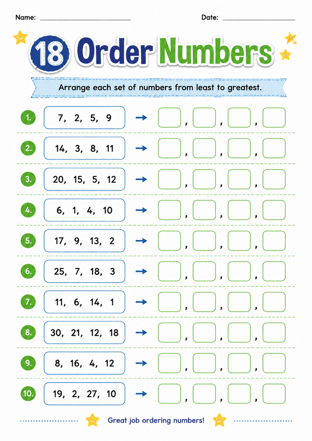Order Numbers Worksheet