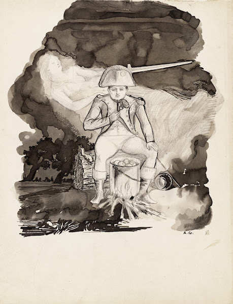 Napoléon assis devant une marmitte remplie de pommes de terre