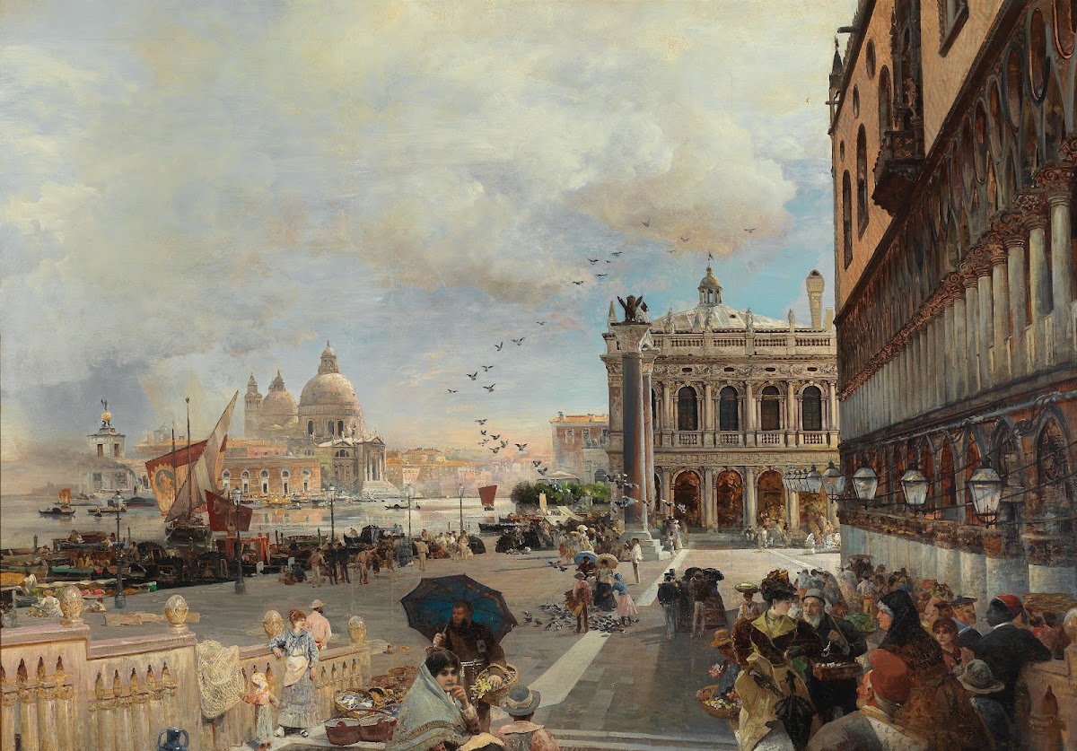 Venice A View Of The Piazzetta With The Biblioteca Marciana Santa Maria Della Sa