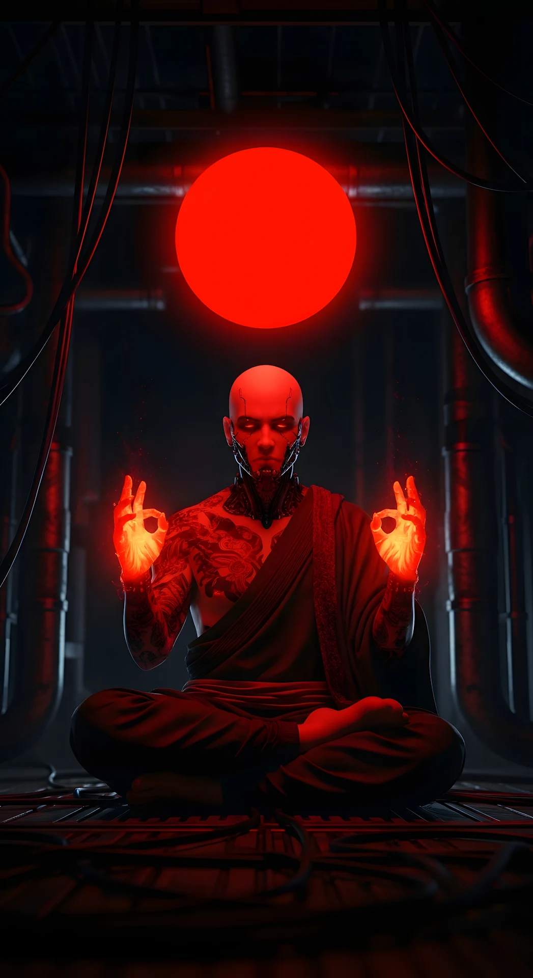 Dark Cybernetic Monk Meditating with Red Neon Glow in Industrial Setting - Free 4K mobile Wallpaper