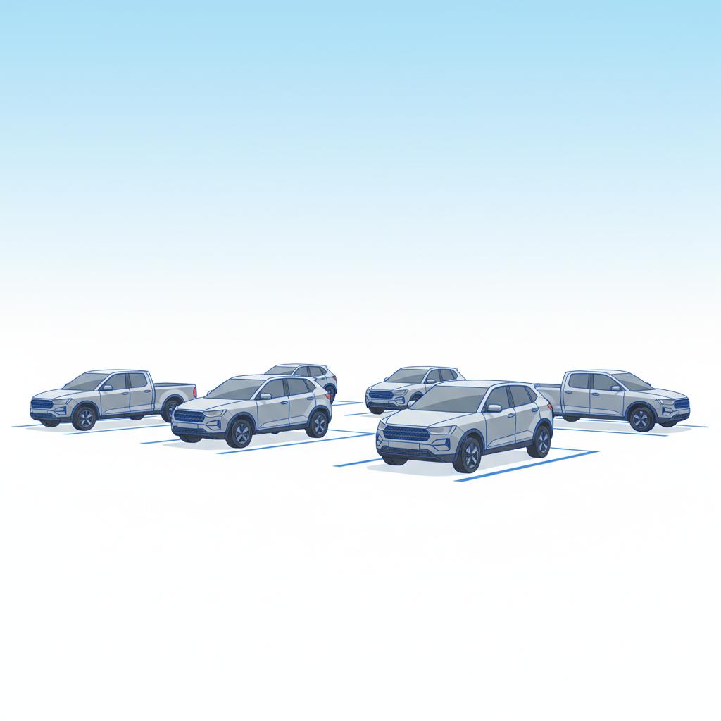 Minimalist 2D vector of a tidy used car lot with crossovers and a pickup in a low angle view white background and blue accents showing most sold second hand car
