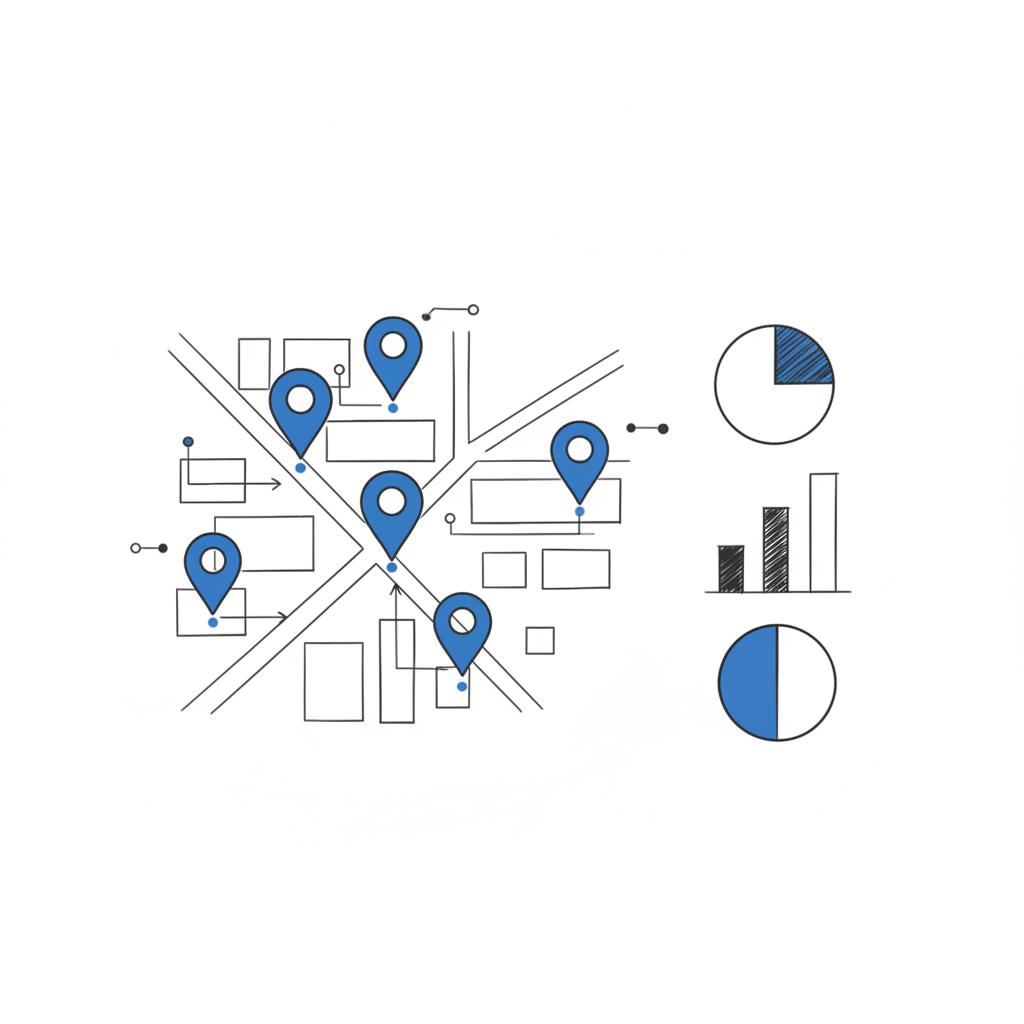 Minimalist vector map fragment with pins marking high-demand ZIP code clusters and adjacent pie and bar charts showing lead mix, in Agency Visible colors, LSA