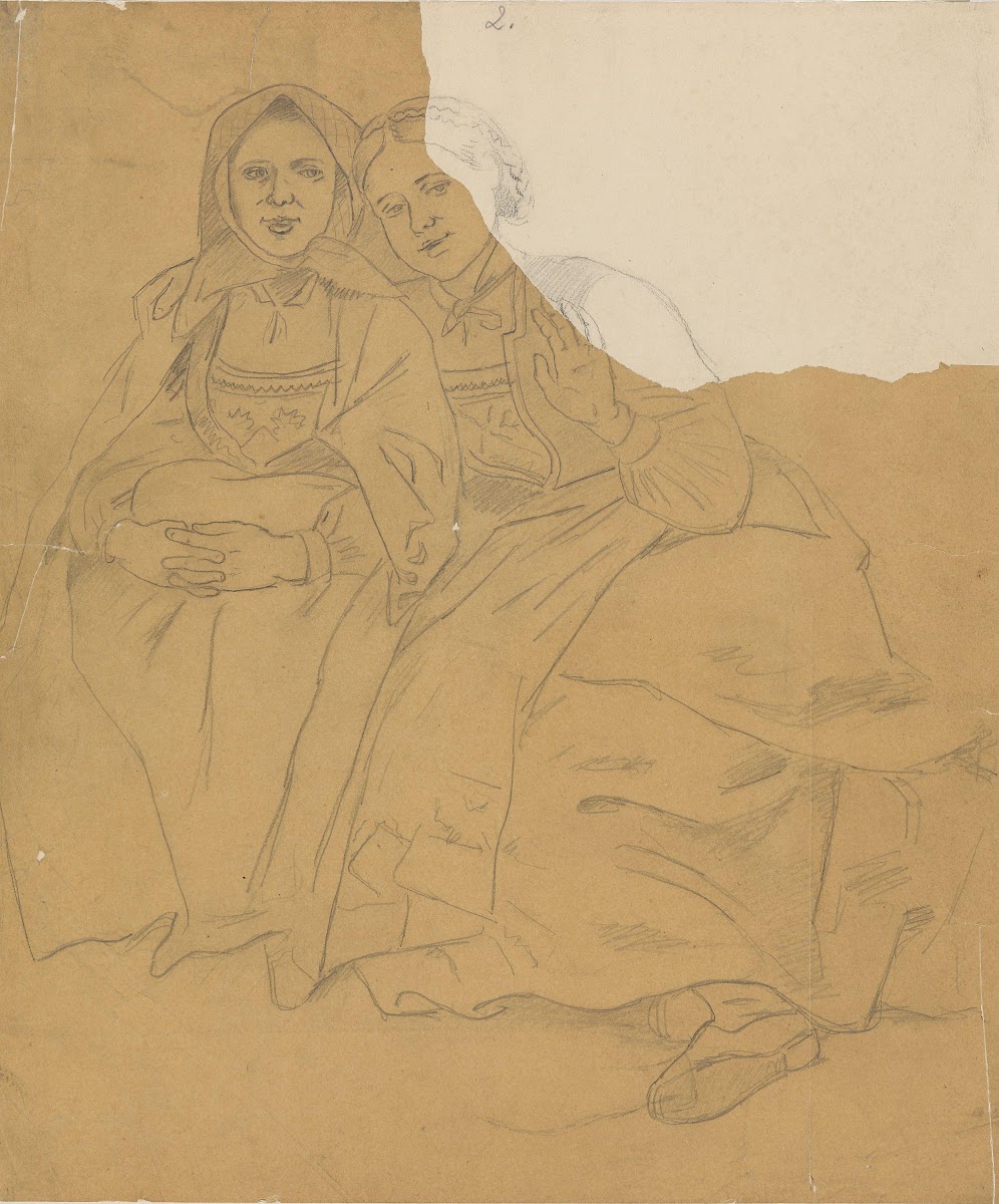 To sittende bunadskledde jenter 1869