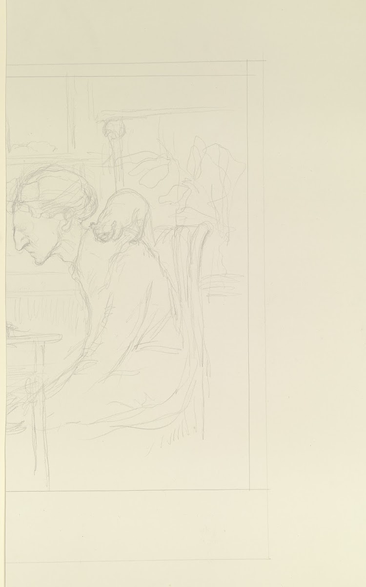 Gebeugte Figur an einem Tisch sitzend ca 1916