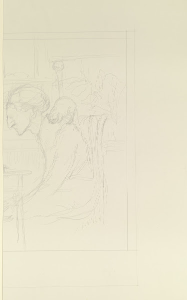 Gebeugte Figur an einem Tisch sitzend ca 1916