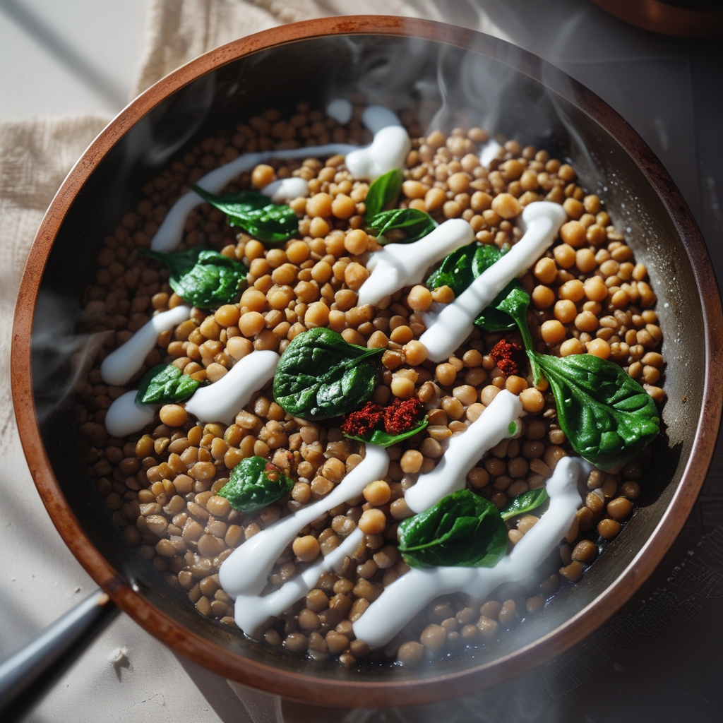 Moroccan Spiced Lentil Chickpea Power Skillet with Lemon Yogurt Drizzle