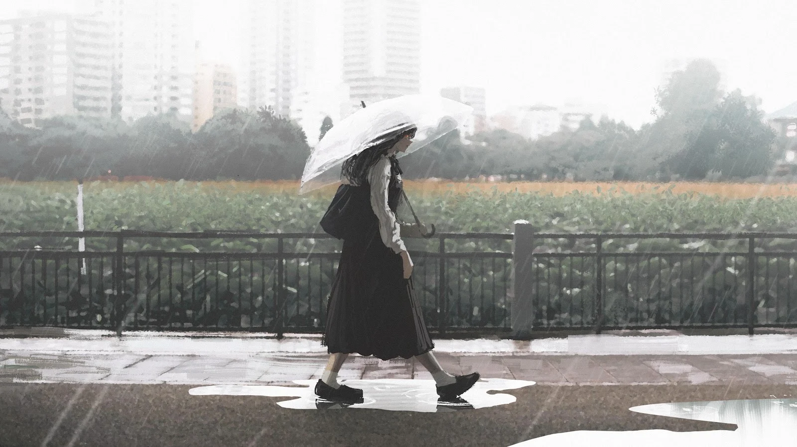 Girl Walking in the Rain - Digital Painting 4K Wallpaper (5122x2879)