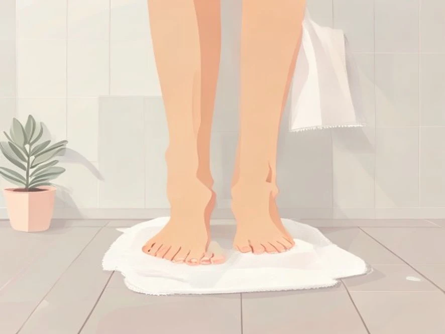 발 위생 관리를 위해 수건으로 깨끗하게 발을 닦고 있는 모습을 표현한 미니멀 일러스트