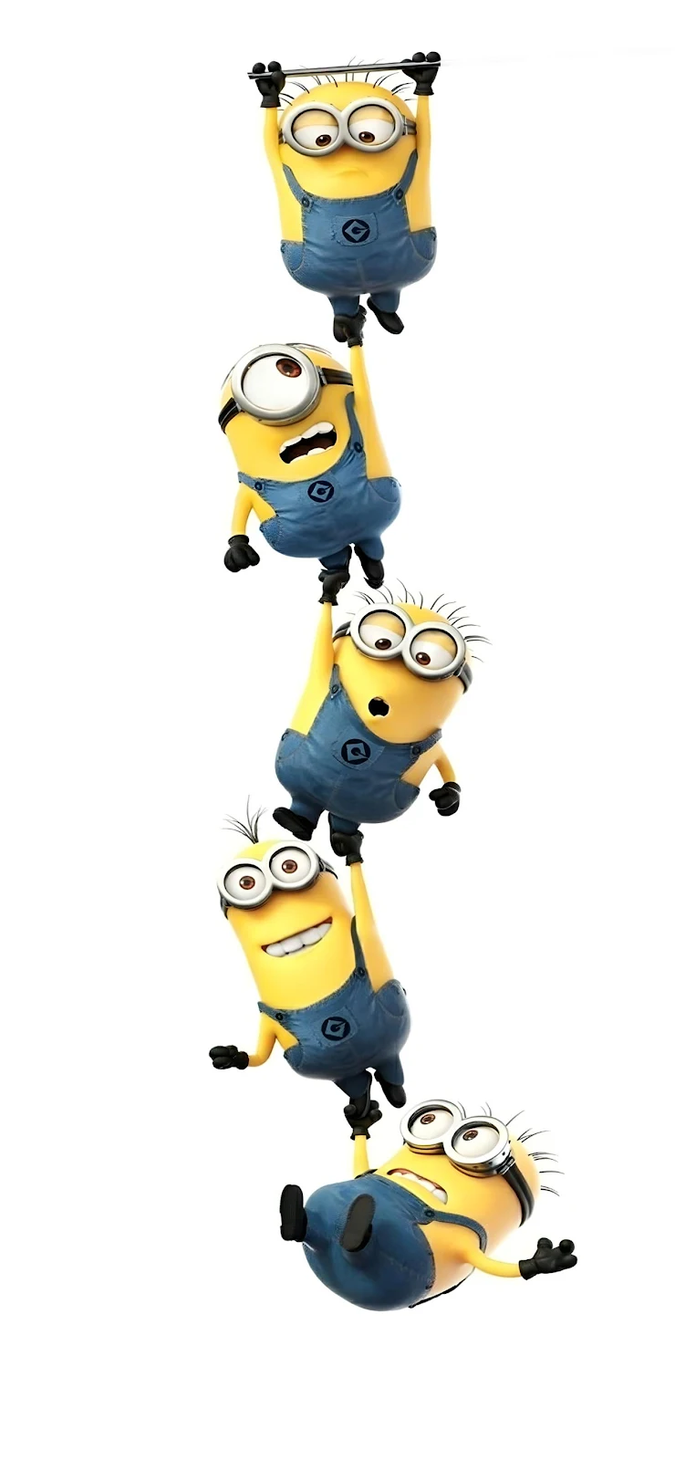 Five Minions Hanging Together - 3D Cartoon Render Full HD iPhone Wallpaper (1284x2778)