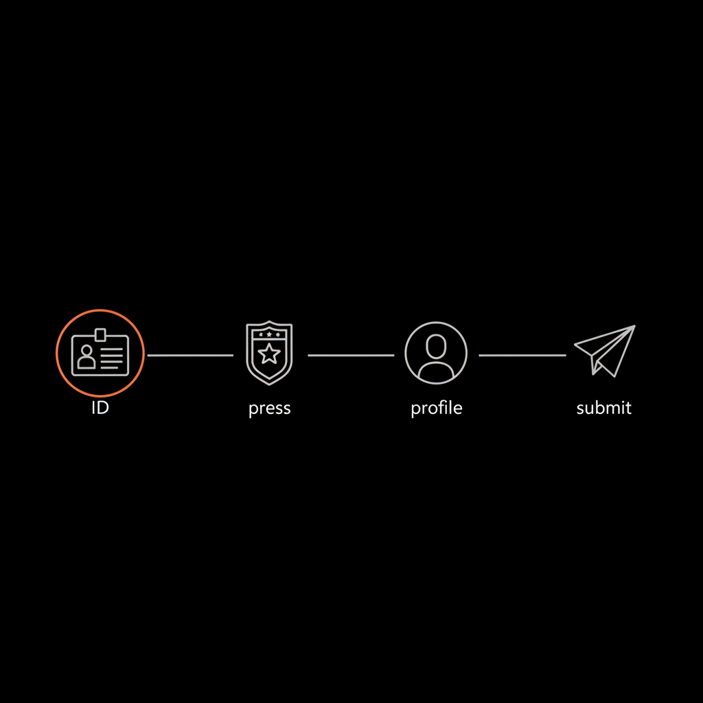 Minimal 4-step infographic (ID, press, profile, submit) illustrating blue tick eligibility Instagram with vector icons on black background using Social Success Hub brand colors.