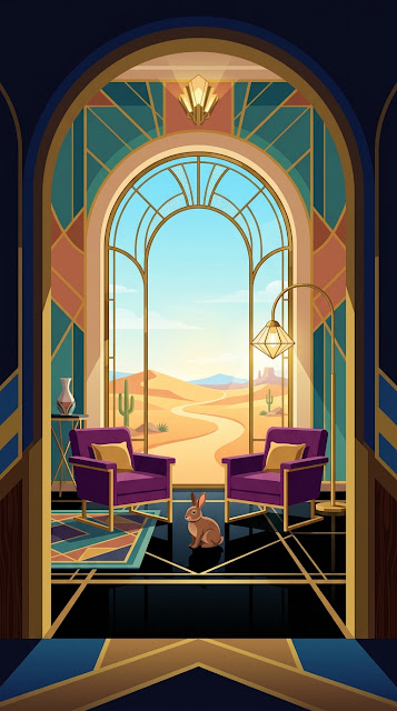 Stylized Art Deco Interior with Desert View - Free mobile Wallpaper