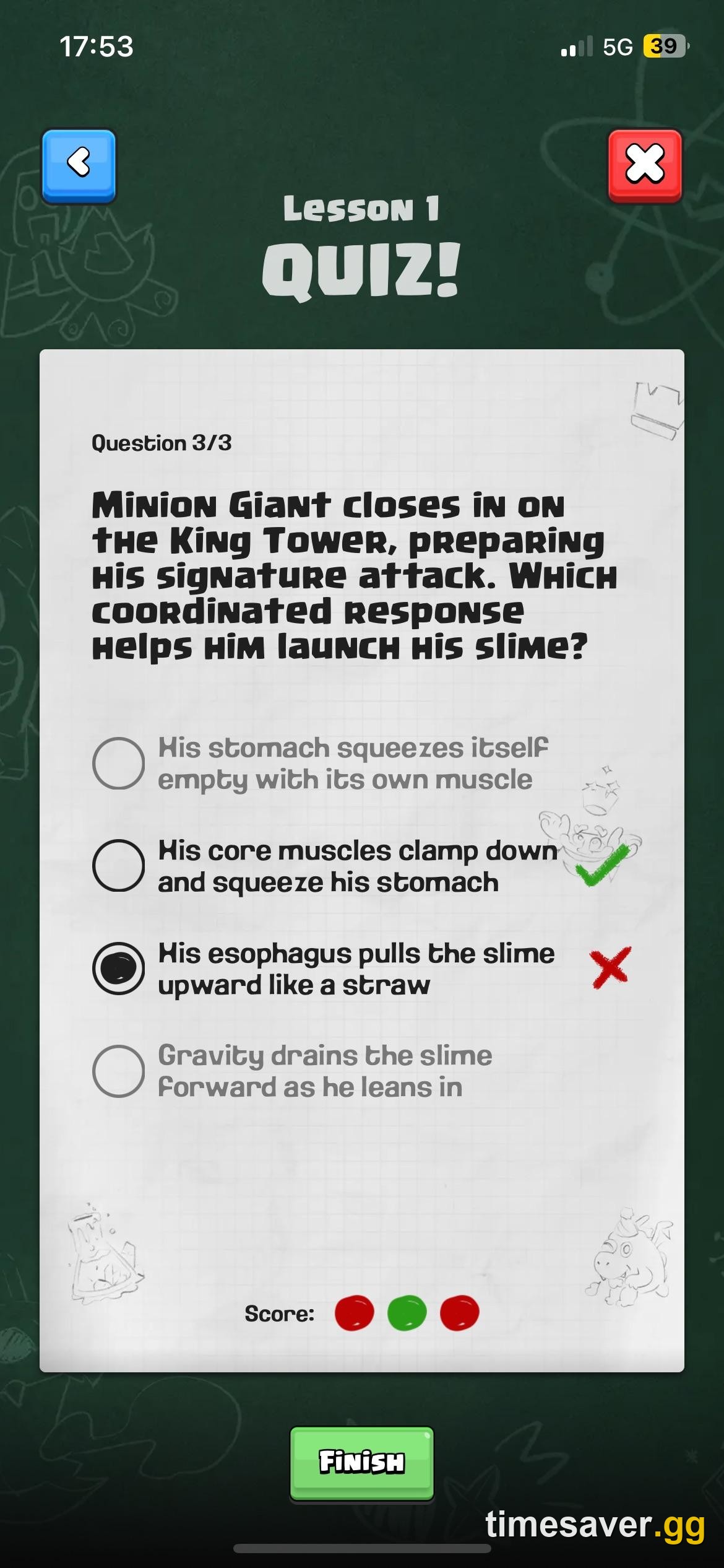 The Clashroom lesson quiz in Clash Royale showing a wrong answer marked with a red X and the correct answer with a green check