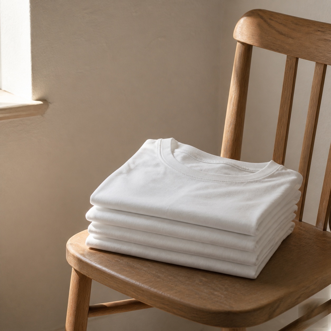 things I stopped buying simple living — a neat stack of white t-shirts on a wooden chair