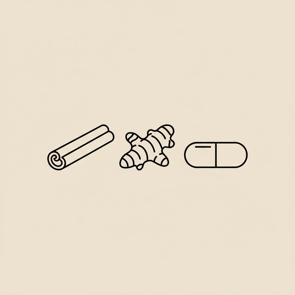 Tonum-style minimalist line illustration of a cinnamon stick, turmeric root and capsule on beige background — cinnamon vs turmeric for diabetes