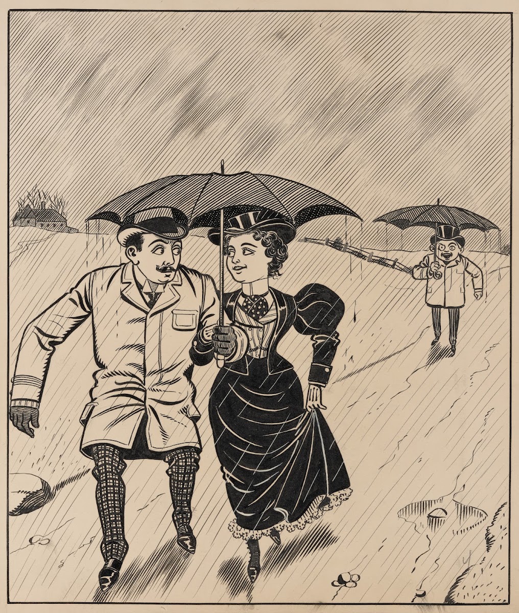 Six comic strip frames of two chivalrous men with woman in rain storm Pl4 1897