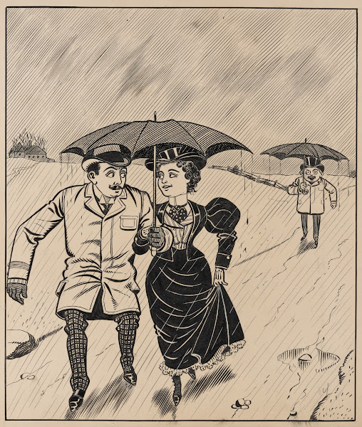 Six comic strip frames of two chivalrous men with woman in rain storm Pl4 1897