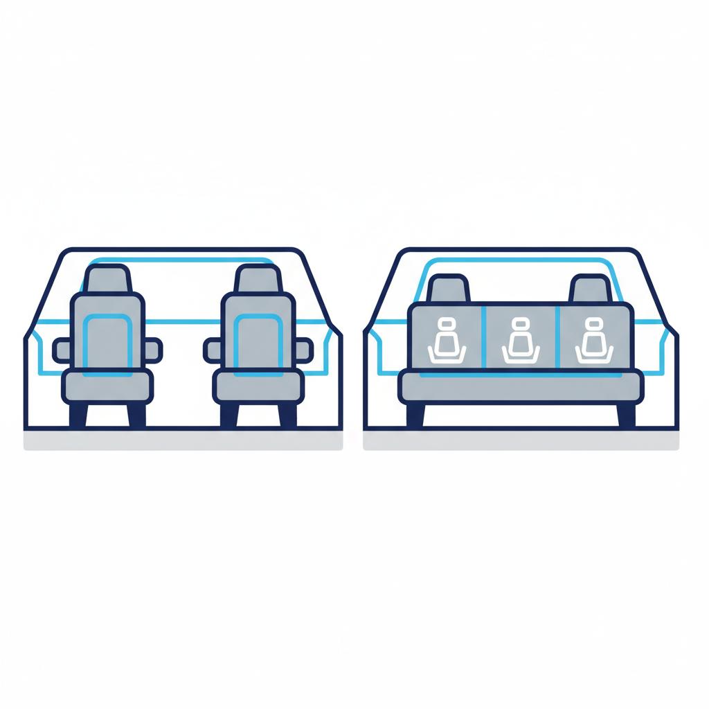 Minimalist 2D vector comparison of SUV second row captain chairs versus bench seating, chevy suburban for sale, white background and blue accents