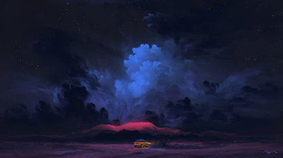 Digital Painting, Night, Clouds, Car, Mountains Full HD Wallpaper Background