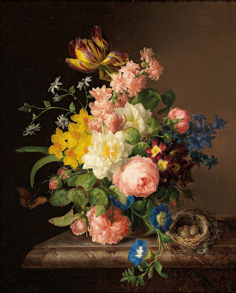 Blumenstrauß mit Vogelnest und Schmetterling 1843