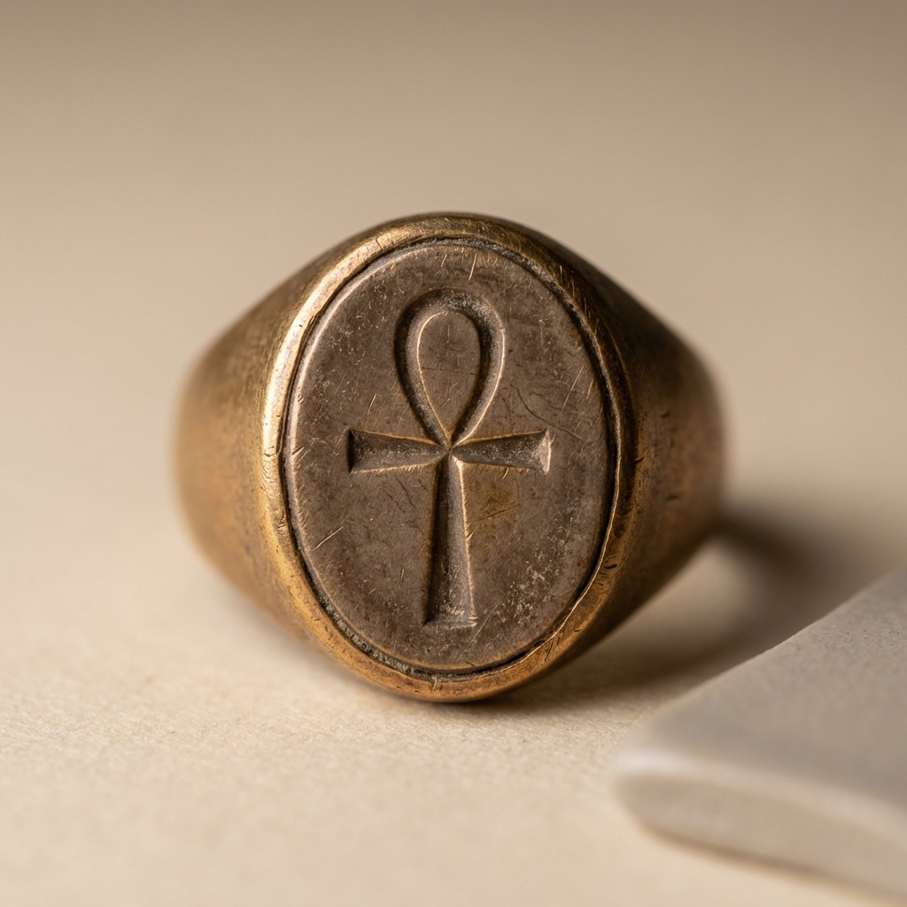 Macro photo of an ankh intaglio in an ancient style bezel with visible tool marks and surface patina on a neutral #ede7da background for egyptian rings
