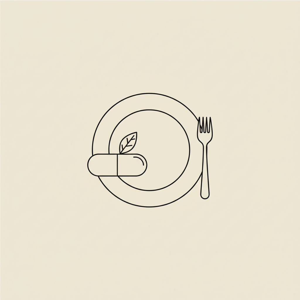 Minimal Tonum-style vector line illustration of a capsule, small leaf, and plate with fork on beige background suggesting nutrition and supplements including D3 and K2