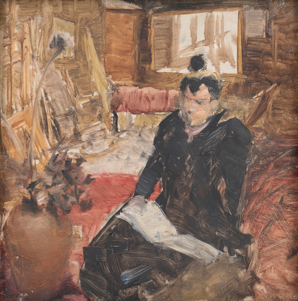 Study of a woman reading while sitting on the studio floor 1900