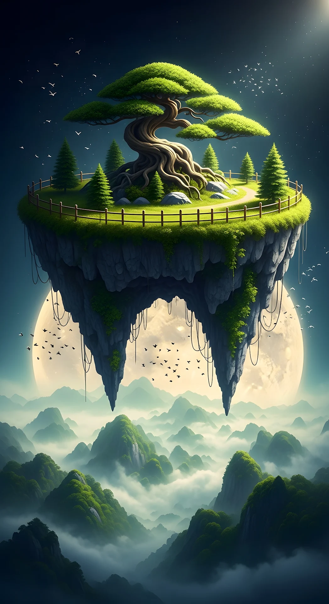 Floating Island Bonsai Tree Over Misty Mountains at Night - Free 4K mobile Wallpaper