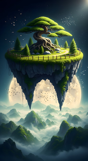 Floating Island Bonsai Tree Over Misty Mountains at Night - Free mobile Wallpaper