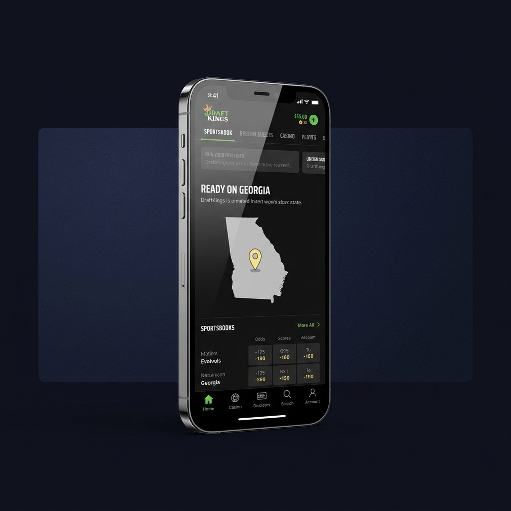 Smartphone mockup showing DraftKings app with sportsbook tab greyed out and a location pin over Georgia map minimalist Funded Plays brand background georgia betting apps