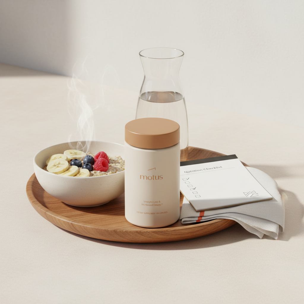Bright still-life breakfast with Tonum Motus jar beside oatmeal and a one-line nutrition checklist, illustrating Mayo Clinic multivitamin guidance for balanced nutrition.