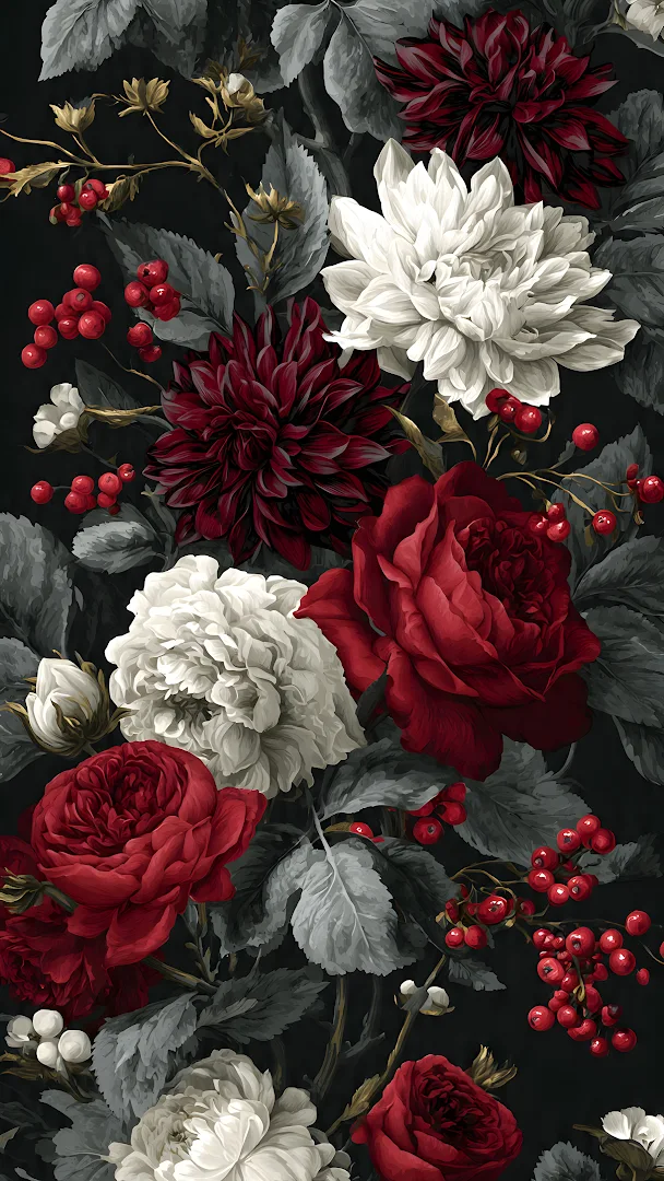 Gothic Floral Pattern Dark Red Roses White Dahlias Berries