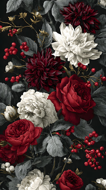 Gothic Floral Pattern Dark Red Roses White Dahlias Berries - Free mobile Wallpaper