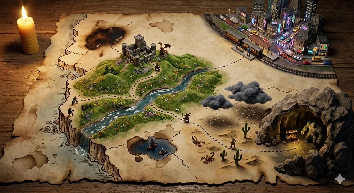 Mapa del tesoro dibujado a mano sobre pergamino antiguo.