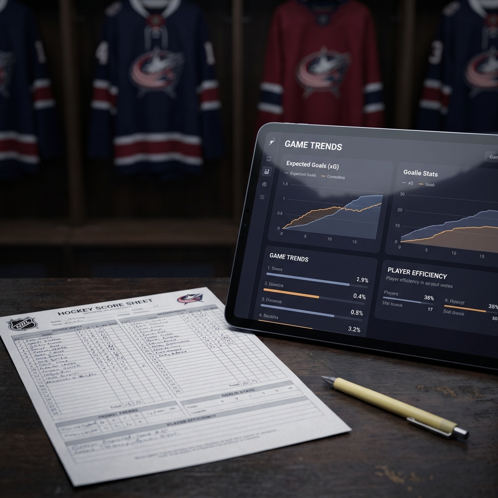 Close up of a hockey score sheet beside a tablet showing xG charts and goalie stats illustrating How NHL Totals Markets Work in a minimalist analytics layout with muted team colors