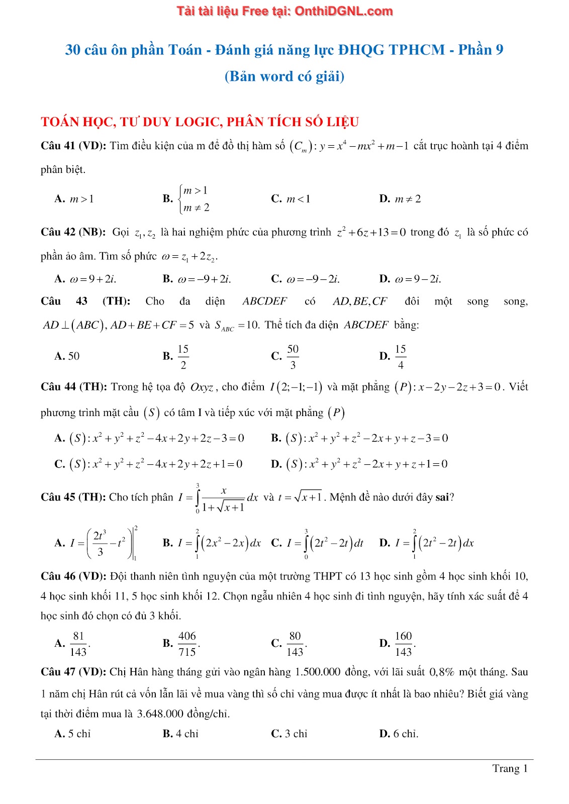 900 bài tập môn Toán - Ôn thi ĐGNL ĐHQG TP HCM Phần 9