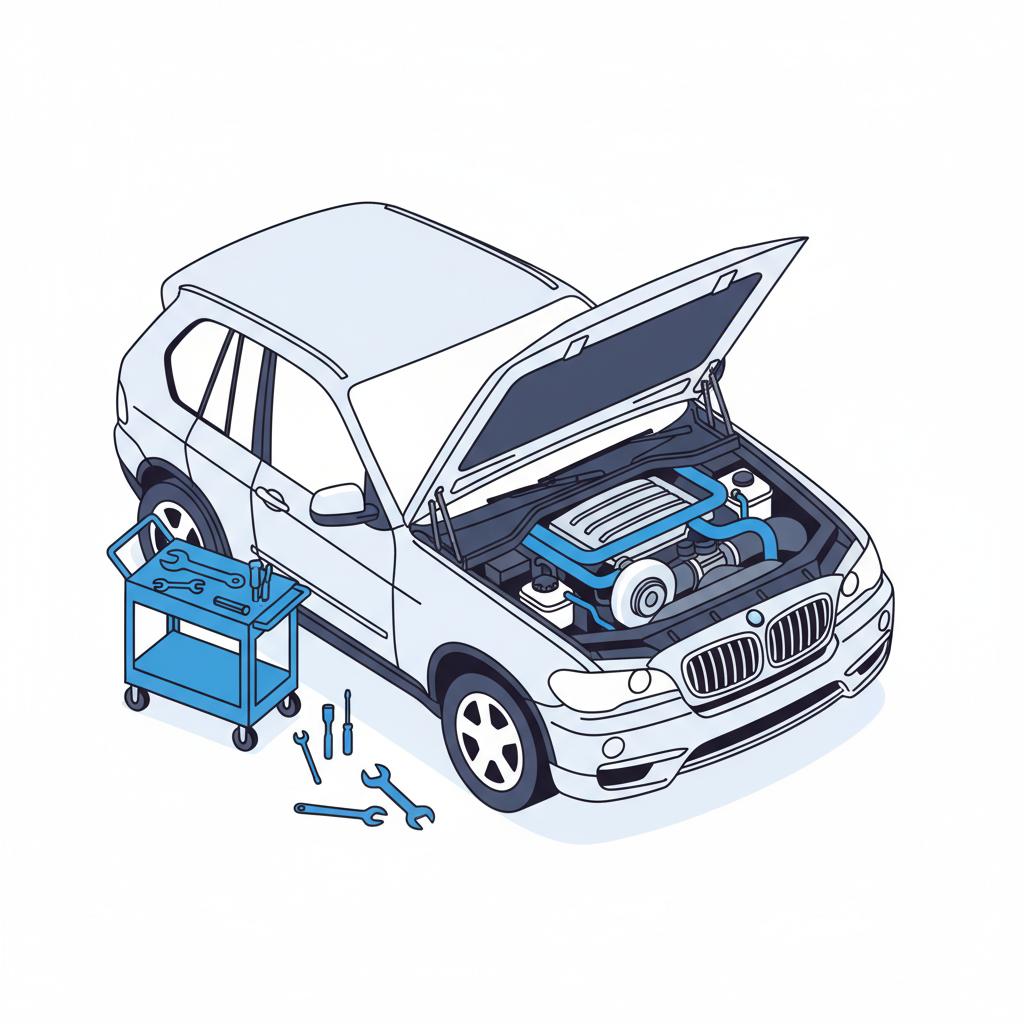 Minimal 2D vector close up of a BMW X5 engine bay showing cooling hoses and turbo area with mechanic tools nearby no people bmw x5 for sale