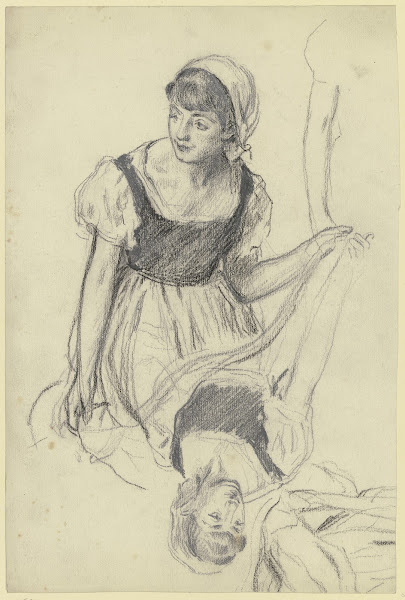 Kniende vor einer Kiste aus der Vorbereitung zum Kostümball 1880