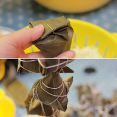 Gấp hết phần góc còn lại của lá tre cho thật kín, dùng lạt hoặc có thể dùng dây thừng sợi nhỏ để buộc bánh tro lại.