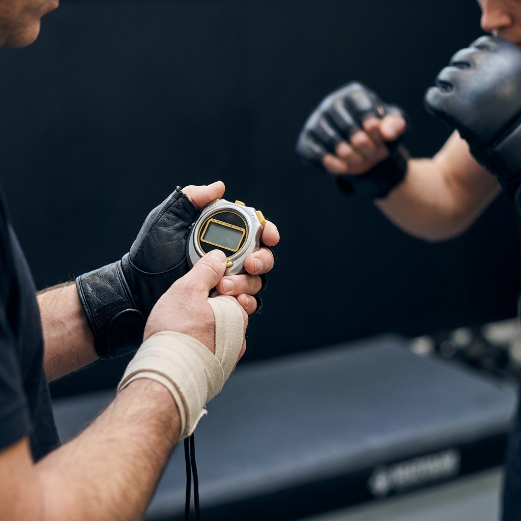 How Age Curves Affect Combat Sports close up of gloved hands and coach timing hand speed drills in a gym full frame minimalist composition on dark brand background #10101a with accent stopwatch #f5e79d