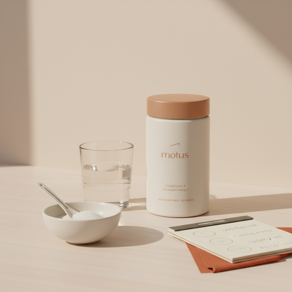 Minimalist kitchen scene with Tonum Motus jar beside a glass of water, a spoon stirring psyllium husk in a bowl, and a notepad with implied safety notes — psyllium husk