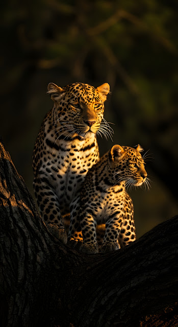 Intimate Wildlife Photo of Two Leopards Resting on a Dark Tree Branch at Sunset - Free mobile Wallpaper