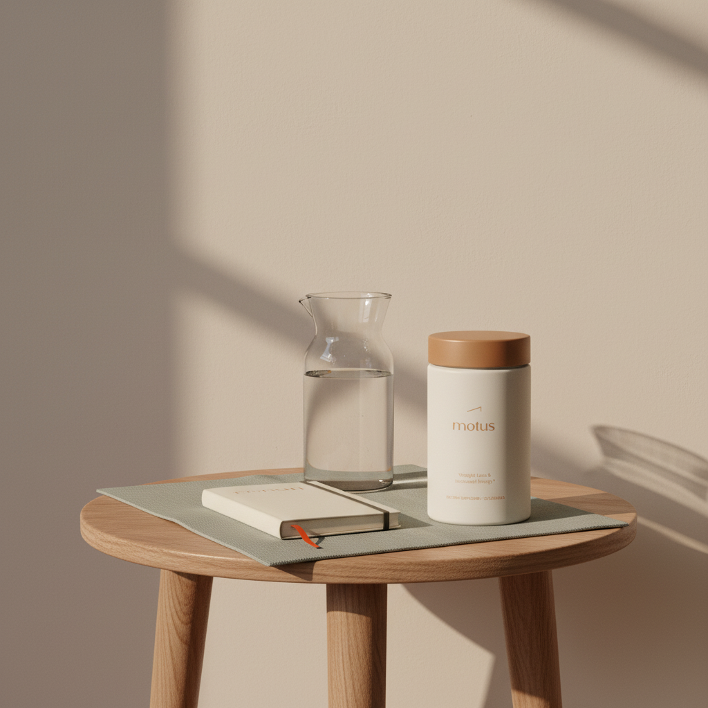 Minimalist bedside table with Tonum Motus supplement jar, glass water carafe and small notebook, evoking probiotics-supported weight loss and morning wellness.