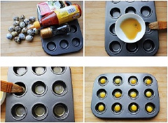 Rắc tiêu, muối lên bề mặt trứng, cắt lá rong biển thành sợi nhỏ ngắn lên mặt trứng. Bật lò ở 200 độ C 10 phút trước khi nướng.