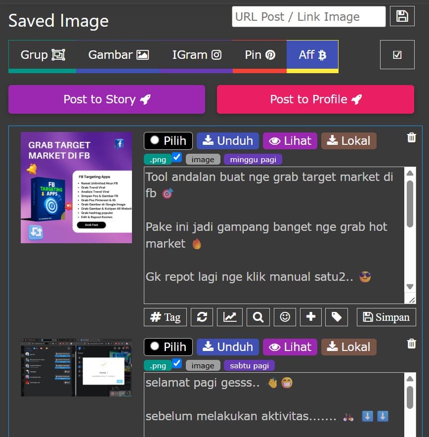 konten marketing affiliasi FBT sekali klik langsung posting ke fb