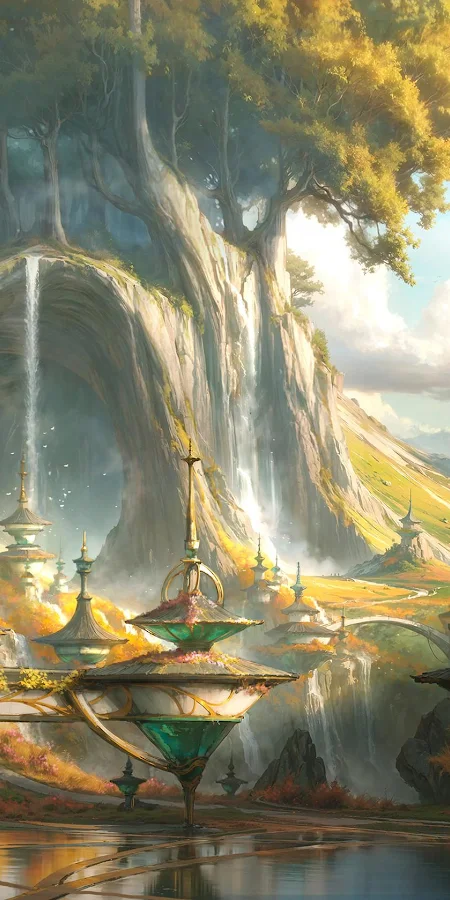 Fantasy Landscape, Waterfall, Utopia, Architecture 2K Phone Wallpaper