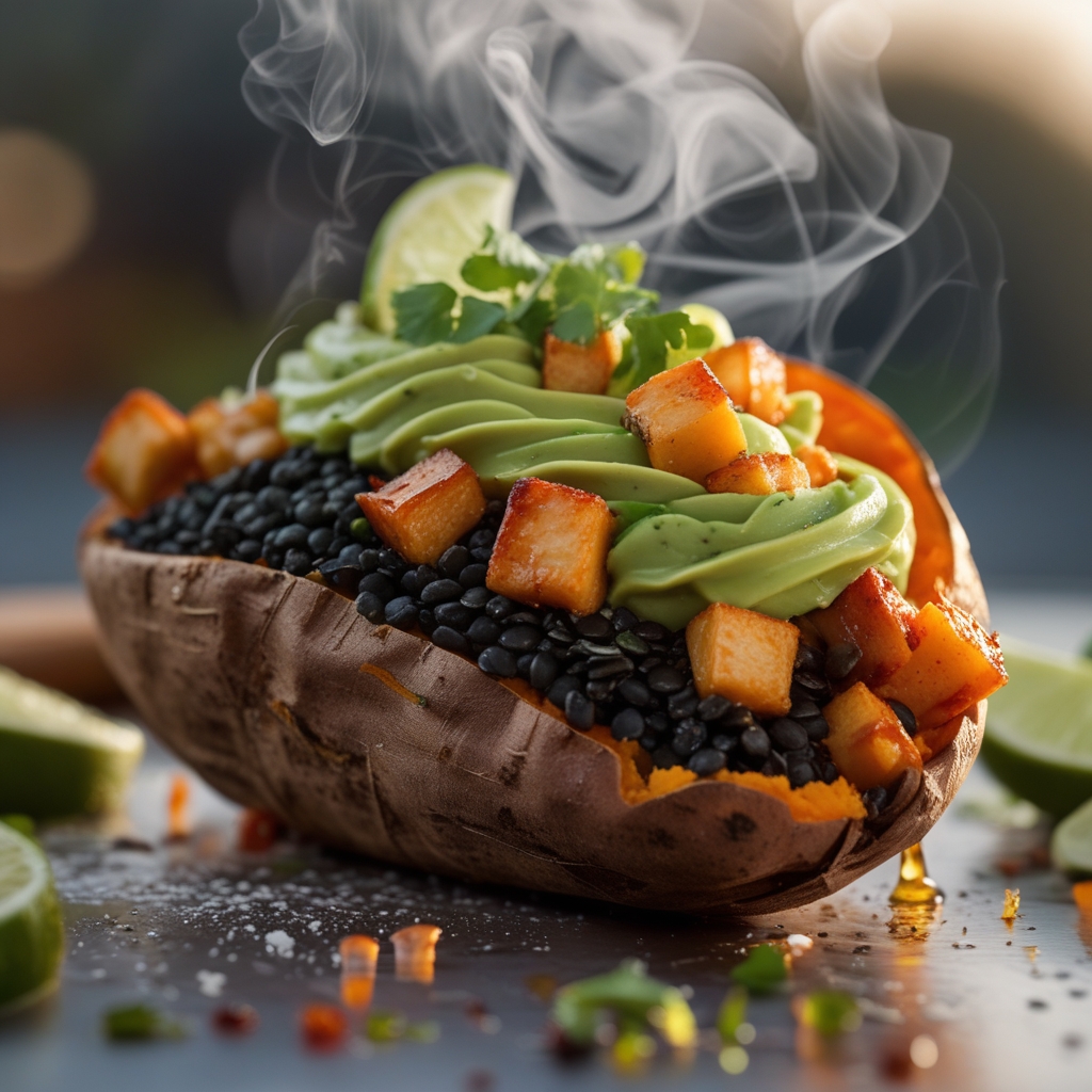 Final Smoky Adobo Pork & Black Lentil Loaded Sweet Potatoes with Avocado-Lime Crema