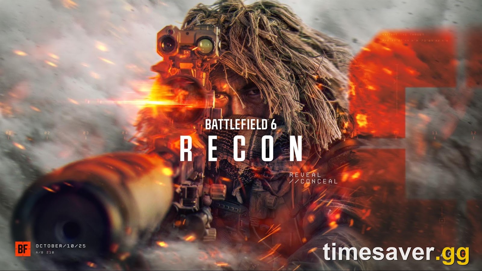 Battlefield 6 Recon class key art of a ghillie-suited marksman aiming a scoped rifle at the camera, labelled REVEAL and CONCEAL