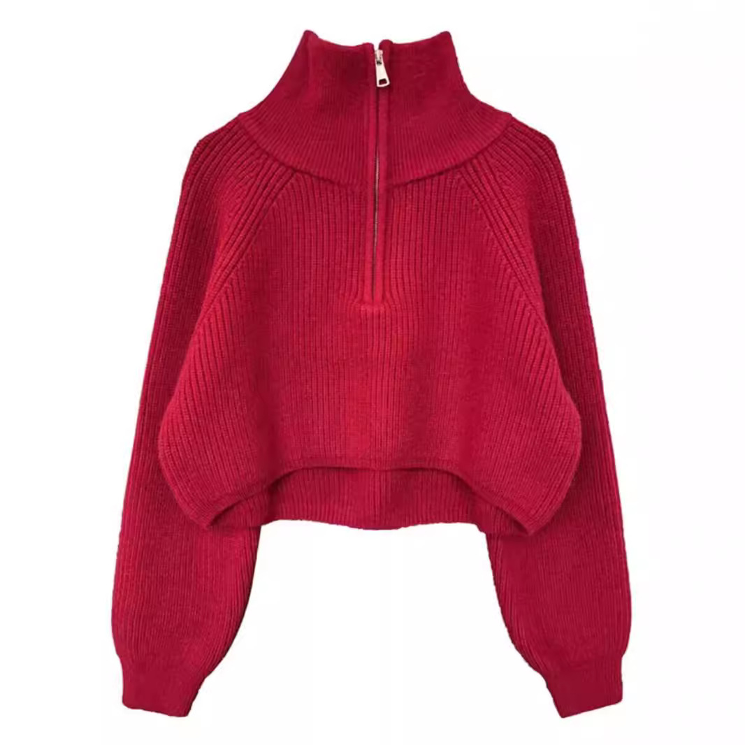 American Retro Knitted Pullover with Half Zipper